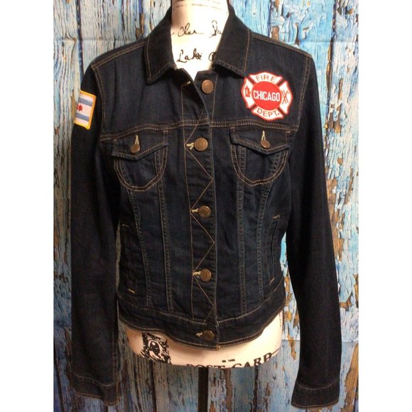 AMERICAN EAGLE classic denim Dark wash blue Jean Jacket With Patches Wom… - Picture 1 of 7